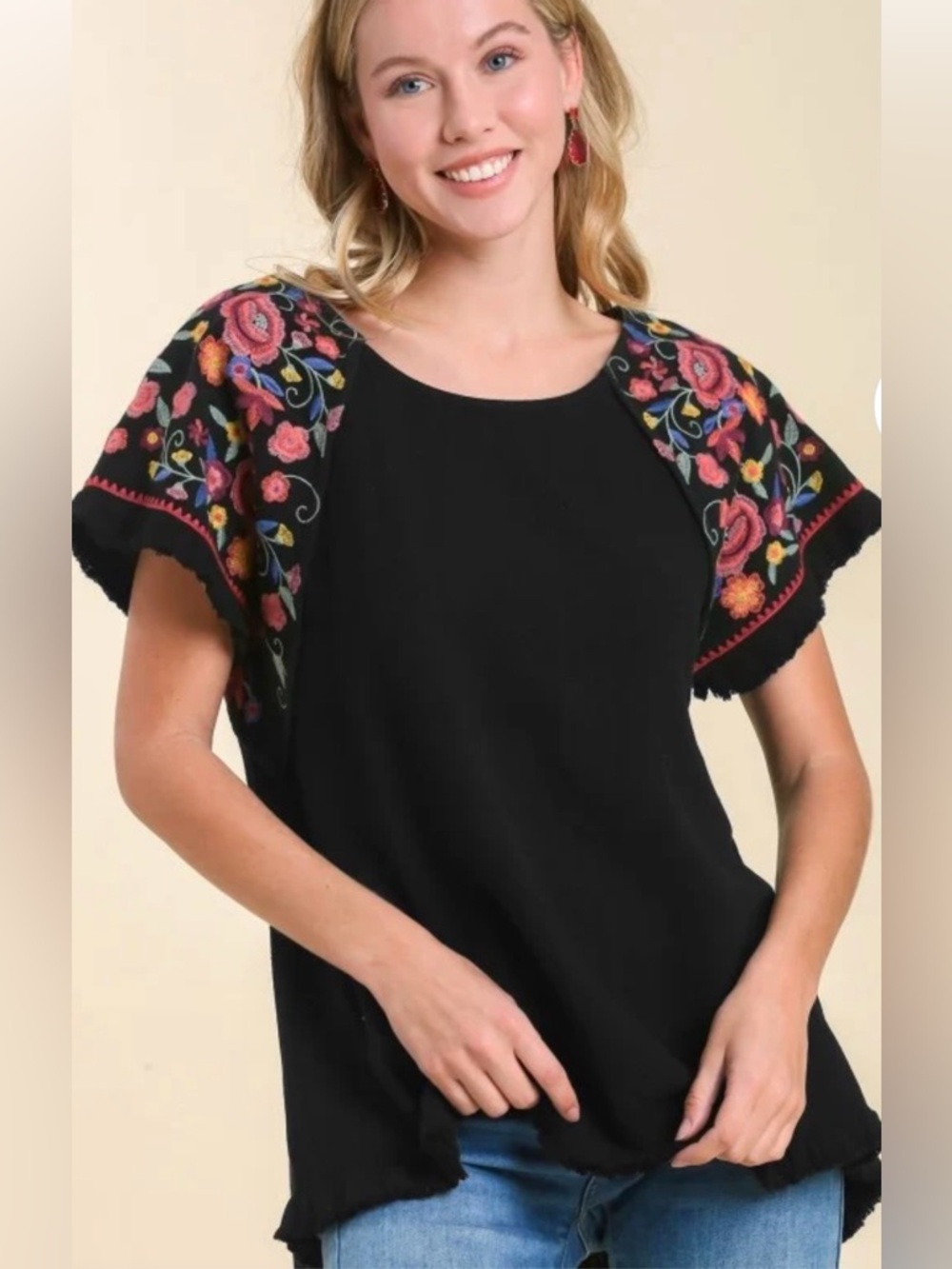 Umgee Black S BOHO Velvet Top with Multicolor Floral Embroidered Sleeves
